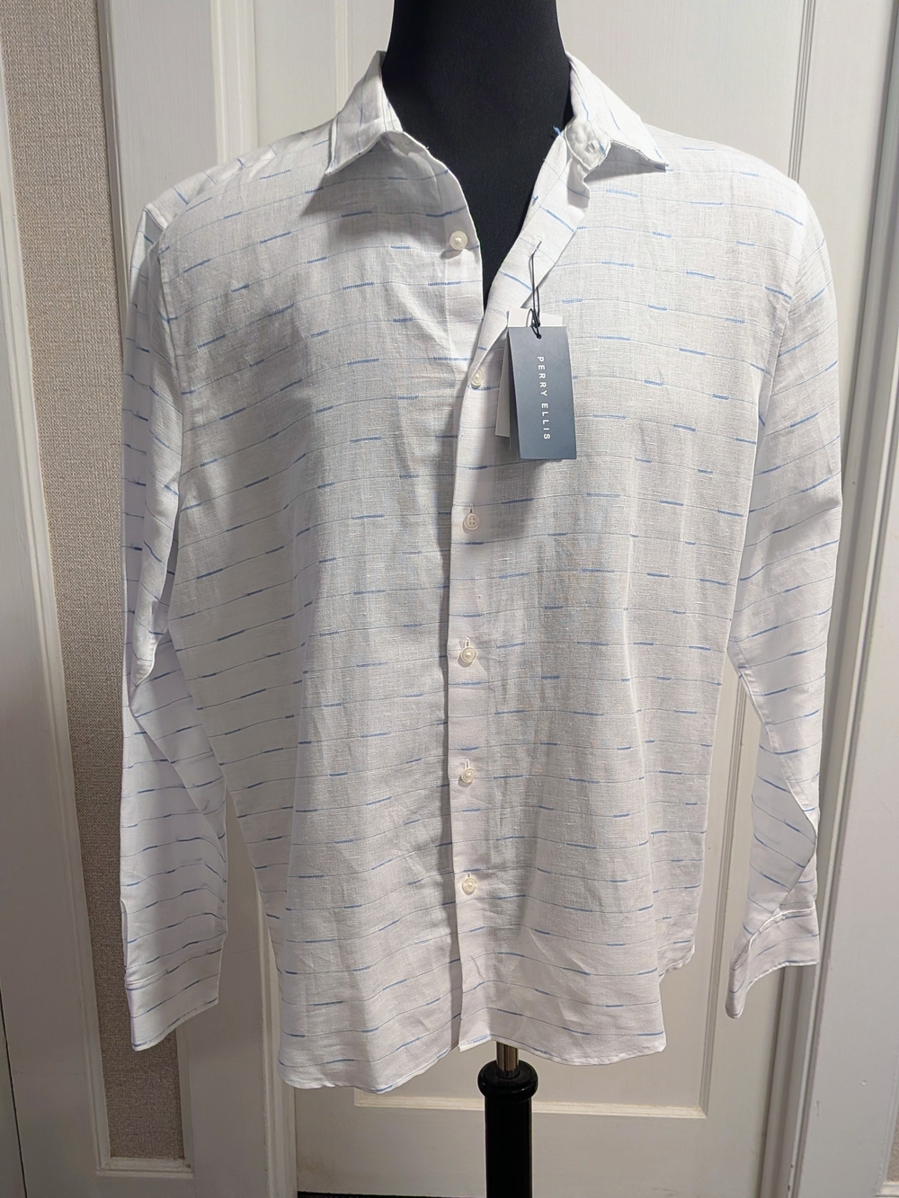 Perry Ellis White Button-Down Shirt with Light Blue Micro Stripes